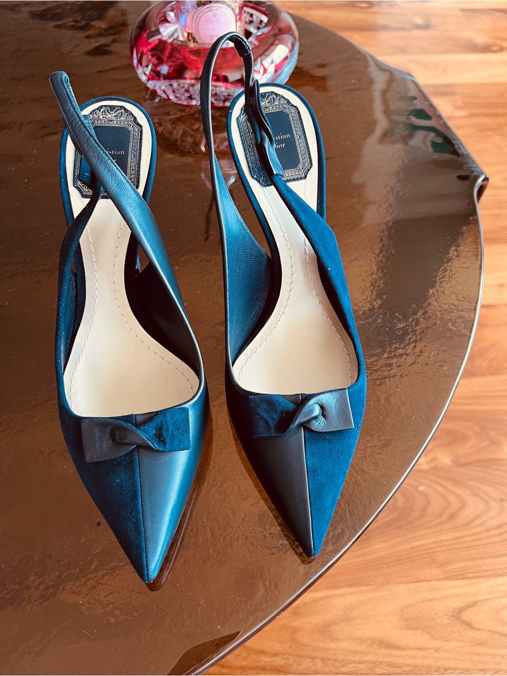 Dior Teal Satin Pointed Slingback Pumps with Bow Accent TwoSwansSwimming